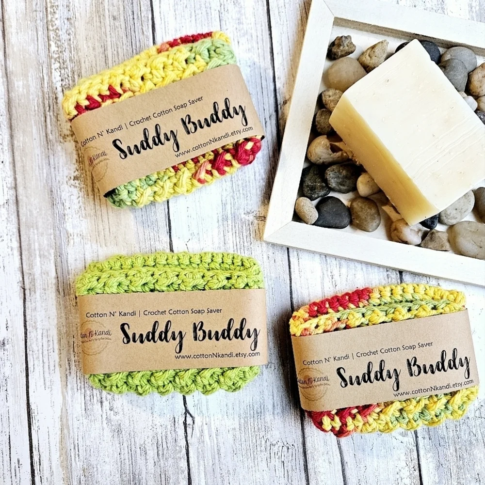 3 Suddy Buddy Soap Savers- Cotton N' Kandi, Handmade Crochet